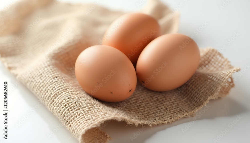 Three Brown Eggs Resting Gently on Rustic Burlap Fabric, Simple Still Life Photography Three Brown Eggs Resting Gently on Rustic Burlap Fabric, Simple Still Life Photography