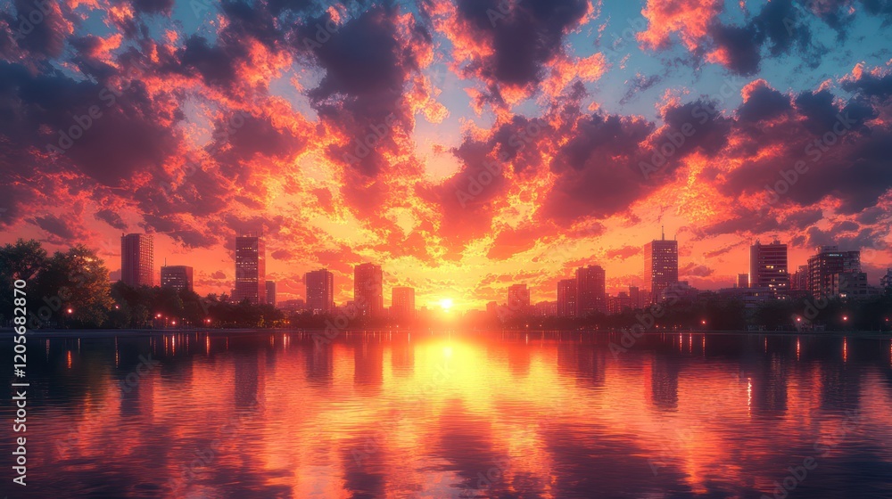 Fototapeta premium Fiery Sunset over City Skyline