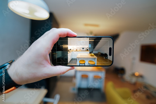 apartment interior real estate app smartphone screen taking photo