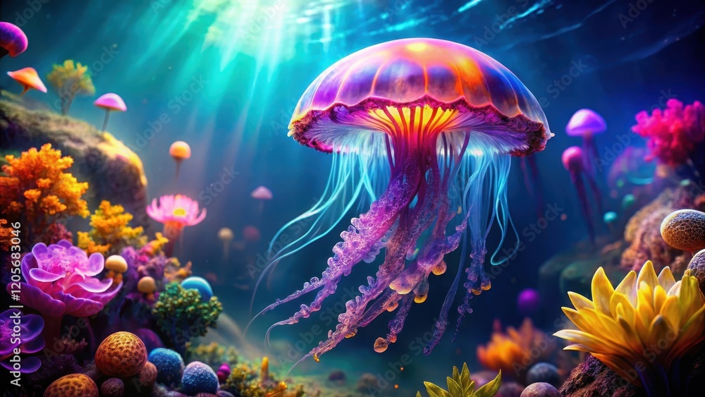 A bright colorful jellyfish floating in the ocean with vibrant purple and blue scales, marine life, nature A bright colorful jellyfish floating in the ocean with vibrant purple and blue scales, marine life, nature