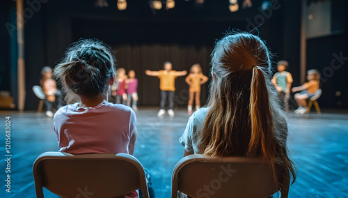Children Watching Musical Theater Performance from Stage Chairs with Cinematic Grading