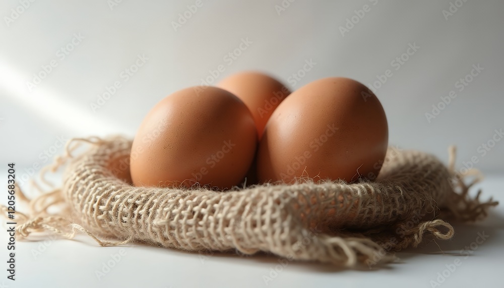 Three Fresh Brown Eggs Nestled in Rustic Burlap Sack on White Background Studio Shot Three Fresh Brown Eggs Nestled in Rustic Burlap Sack on White Background Studio Shot