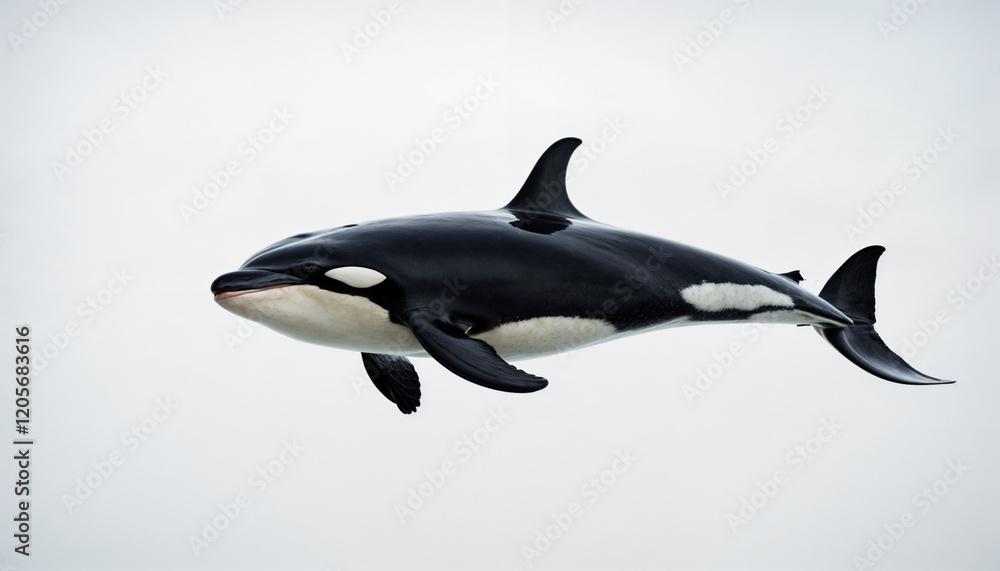 A powerful and graceful orca leaps out of the water, displaying its striking black-and-white markings against the serene ocean backdrop. A powerful and graceful orca leaps out of the water, displaying its striking black-and-white markings against the serene ocean backdrop.