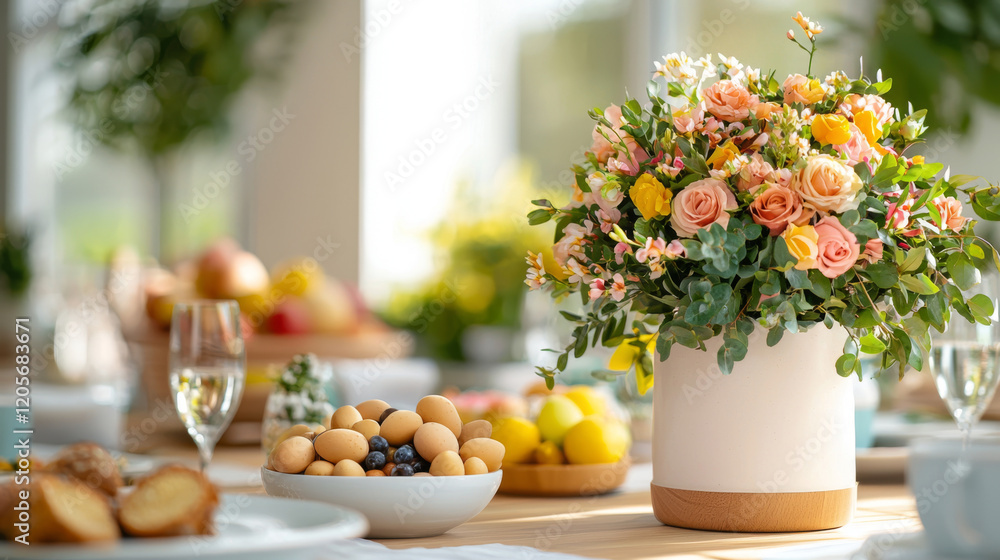 pastel themed Easter brunch table with floral centerpiece, eggs, and fruits creates festive and cheerful atmosphere pastel themed Easter brunch table with floral centerpiece, eggs, and fruits creates festive and cheerful atmosphere
