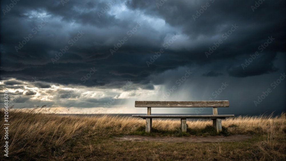 Weathered Wooden Bench Overlooks Dry Grass Landscape Under Dramatic Stormy Sky Weathered Wooden Bench Overlooks Dry Grass Landscape Under Dramatic Stormy Sky