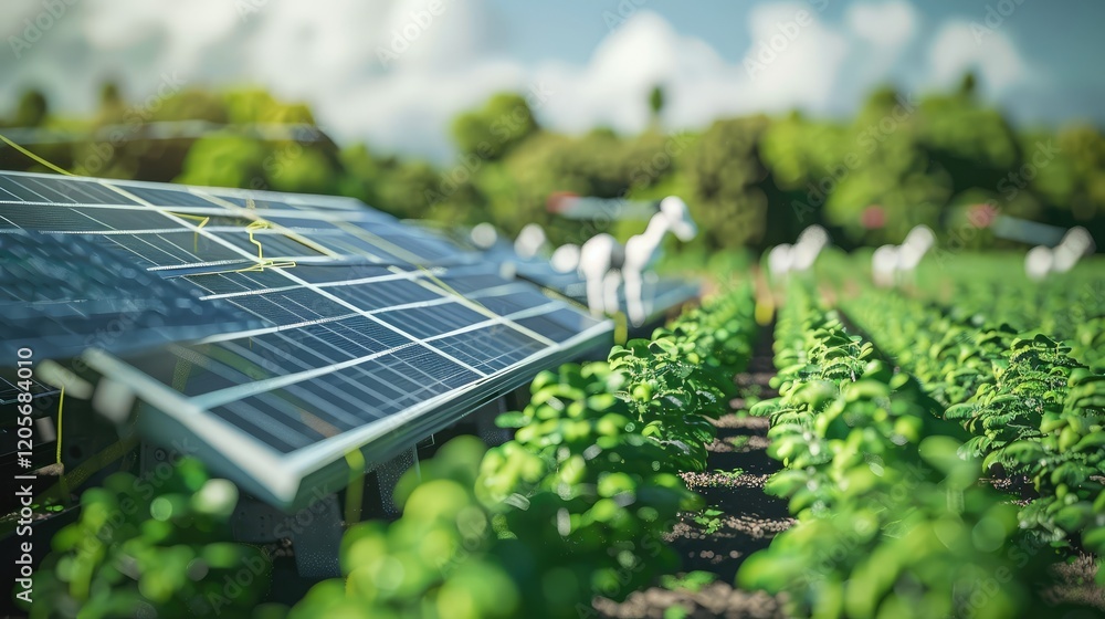 Fototapeta premium A futuristic farm with robots tending animals, solar panels powering operations, blending technology and nature for sustainable agriculture