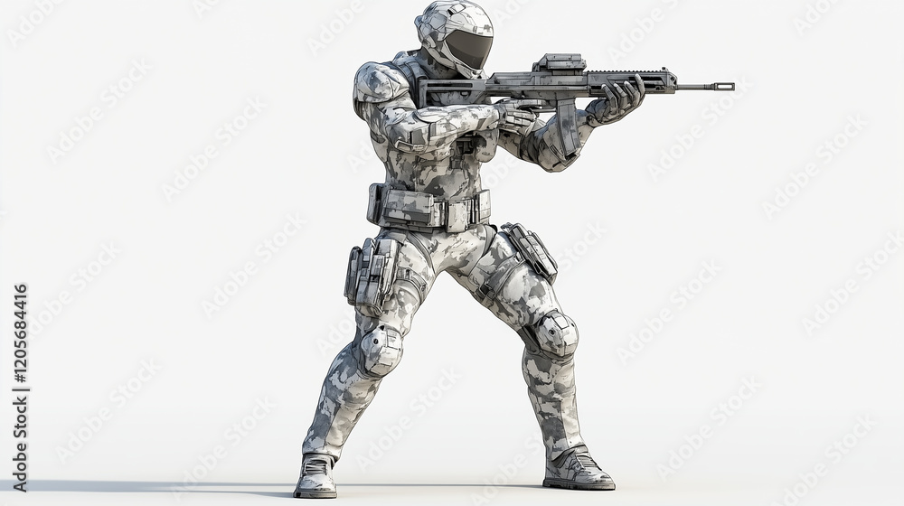 A stealthy enforcer with a slender build, cloaked in adaptive camouflage armor, and wielding an arm-integrated tranquilizer gun. Videogame 3D model, A-pose, simple background A stealthy enforcer with a slender build, cloaked in adaptive camouflage armor, and wielding an arm-integrated tranquilizer gun. Videogame 3D model, A-pose, simple background