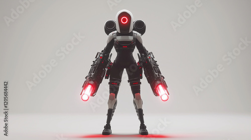 A towering enforcer with hydraulic-enhanced legs, glowing red optics, and a back-mounted power source fueling a shock cannon. Videogame 3D model, A-pose, simple background photo