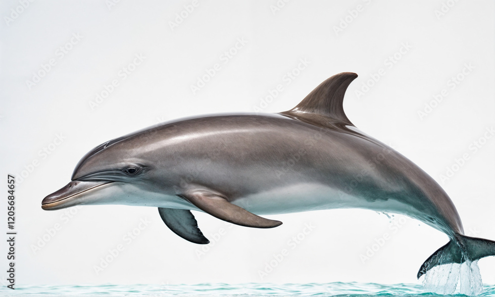 Naklejka premium A playful dolphin leaps gracefully out of the water, showcasing its agility and beauty against the serene ocean backdrop.