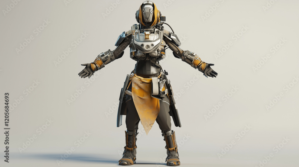 A mystic wearing a metallic exosuit fused with ancient-looking machinery, chanting through a voice modulator. Videogame 3D model, A-pose, simple background A mystic wearing a metallic exosuit fused with ancient-looking machinery, chanting through a voice modulator. Videogame 3D model, A-pose, simple background