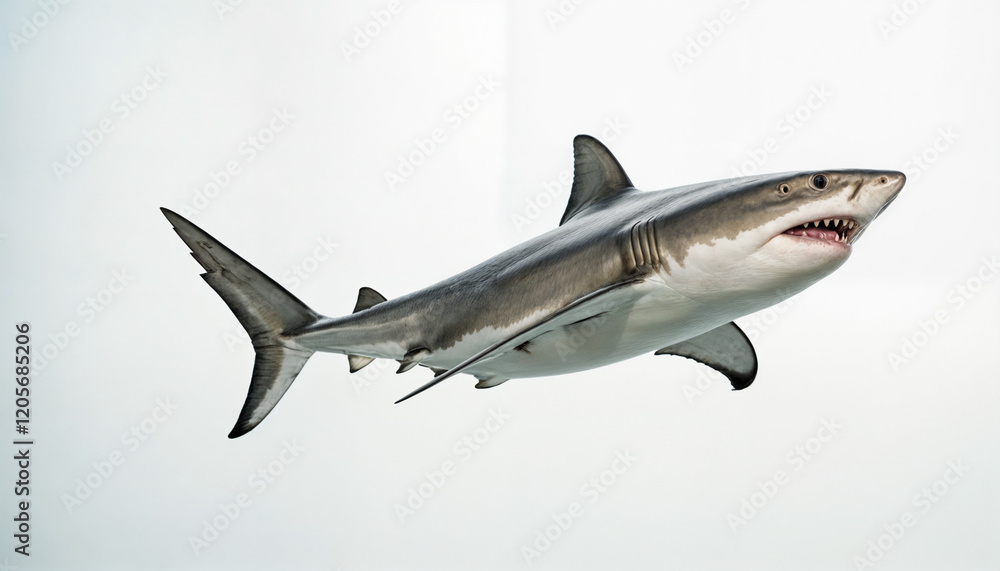 Fototapeta premium A stunning capture of a great white shark showcasing its powerful anatomy, sharp teeth, and sleek body, embodying the apex predator of the ocean ecosystem