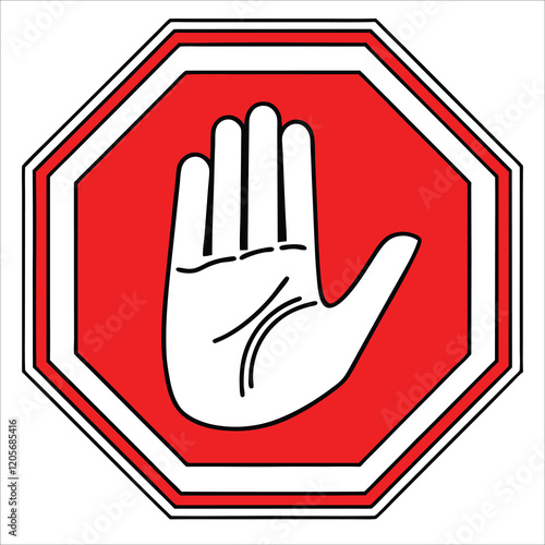 Stop sign featuring a white hand on a red background in an octagonal shape, symbolizing a command to stop or pause. Perfect for safety, warning, or instructional materials.