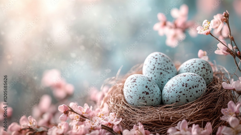 Obraz premium Delicate spring scene of speckled Easter eggs nestled in a bird's nest surrounded by pink blossoms