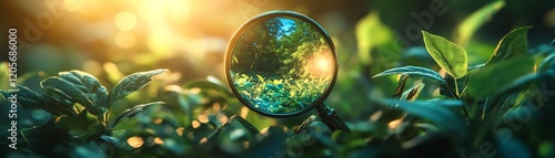 Climate change focus through magnifying glass on green forest background photo