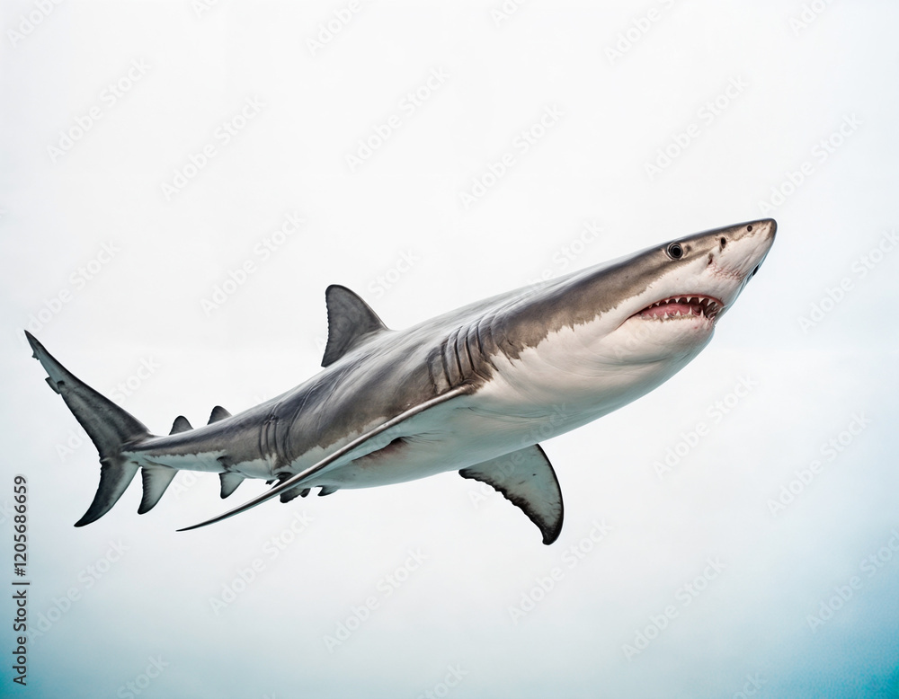 Naklejka premium A stunning capture of a great white shark showcasing its powerful anatomy, sharp teeth, and sleek body, embodying the apex predator of the ocean ecosystem