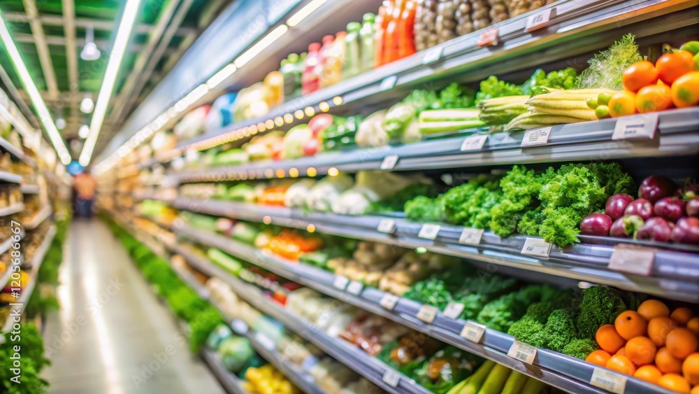 A blurred image of a grocery store shelf with various products in the background, creating an abstract composition A blurred image of a grocery store shelf with various products in the background, creating an abstract composition
