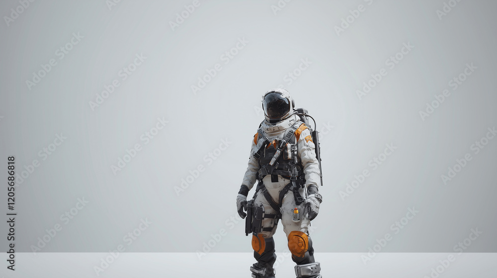 A rugged interstellar scavenger with a patched-up space suit, wielding a multi-tool and wearing a cracked visor. Videogame 3D model, A-pose, simple background A rugged interstellar scavenger with a patched-up space suit, wielding a multi-tool and wearing a cracked visor. Videogame 3D model, A-pose, simple background