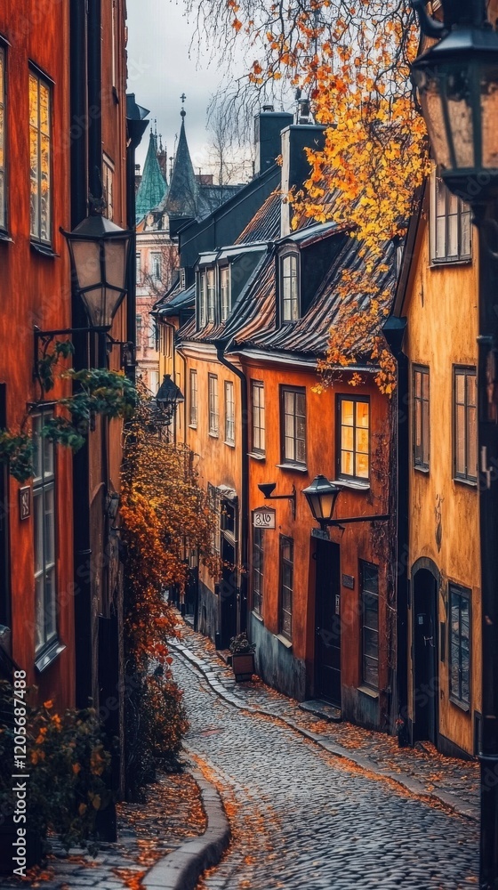 Fototapeta premium Charming cobblestone street in autumn, lined with colorful historic buildings.