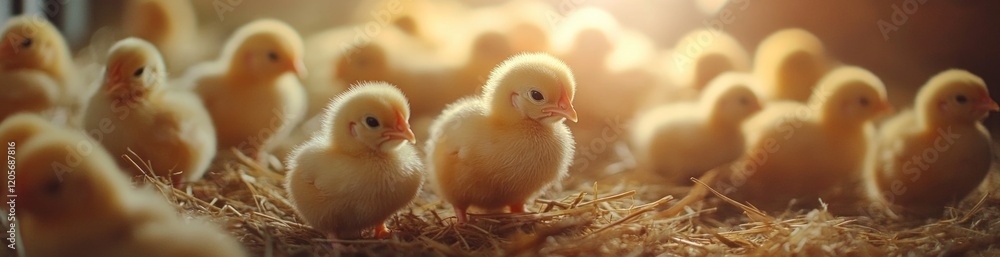 A group of fluffy chicks are scattered across a bed of straw on a farm. It is early morning, and the warm sunlight creates a gentle glow, highlighting their adorable features A group of fluffy chicks are scattered across a bed of straw on a farm. It is early morning, and the warm sunlight creates a gentle glow, highlighting their adorable features
