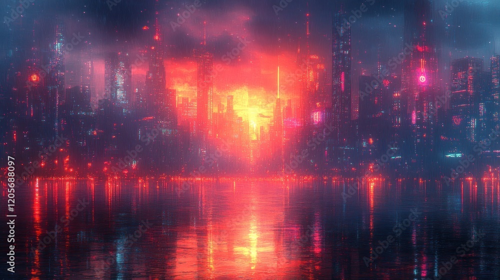 Cyberpunk Cityscape Burning Sunset Reflection Cyberpunk Cityscape Burning Sunset Reflection