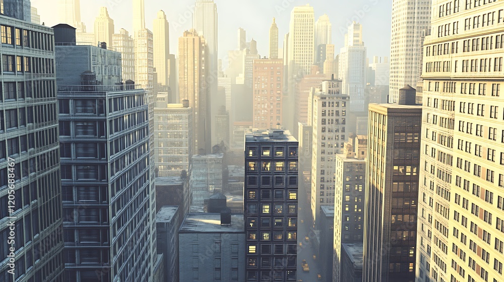 An aerial view of a city skyline with tall buildings and hazy sunlight An aerial view of a city skyline with tall buildings and hazy sunlight