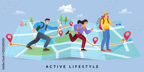 Online travelling Illustration for landing page. Travel and vacation concept. Man and woman using mobile navigation app.