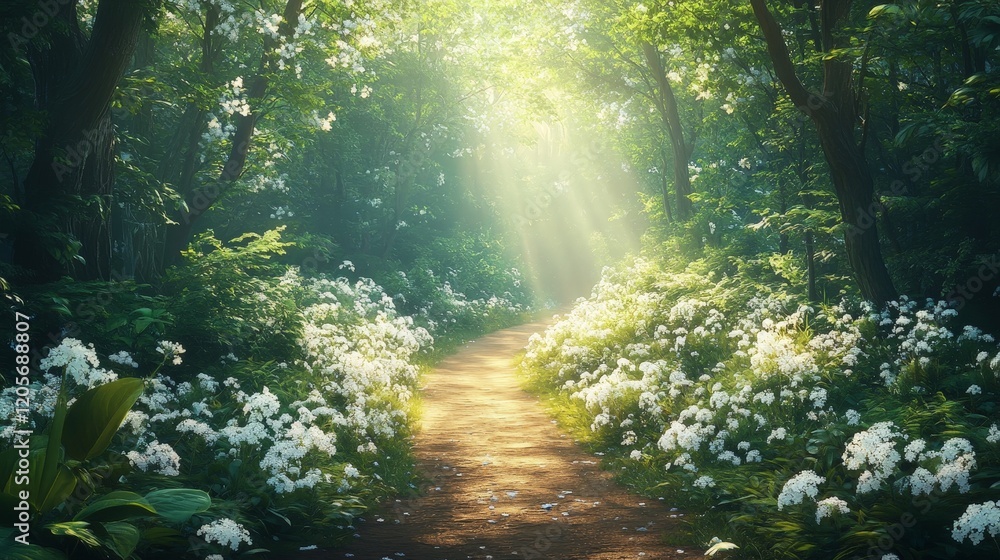 Fototapeta premium A sunlit path through a lush green forest with white flowers, symbolizing serenity and beauty. Perfect for nature and environmental themes.