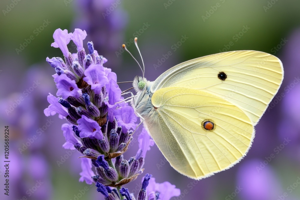 A xanthous butterfly resting on a purple lavender flower, with intricate details of its wings visible A xanthous butterfly resting on a purple lavender flower, with intricate details of its wings visible