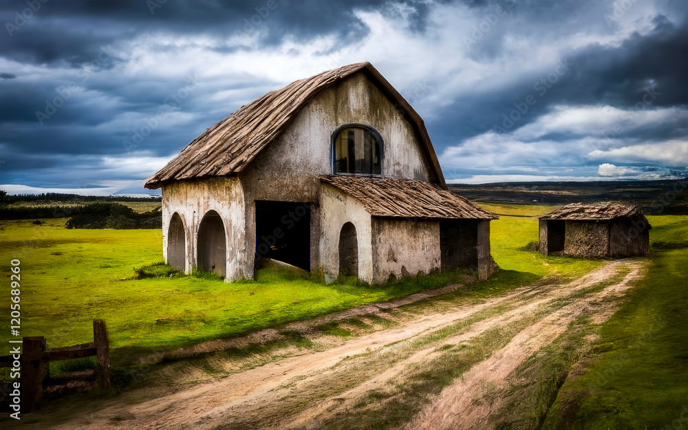 Obraz premium Serene countryside landscape with a dirt path leading to a rustic house at sunset