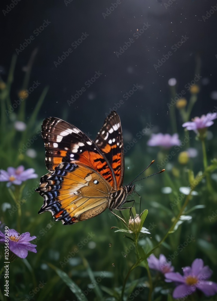 Obraz premium A butterfly alights on a wet petal of a wildflower in the dark meadow at night, still life, shadows, water droplets
