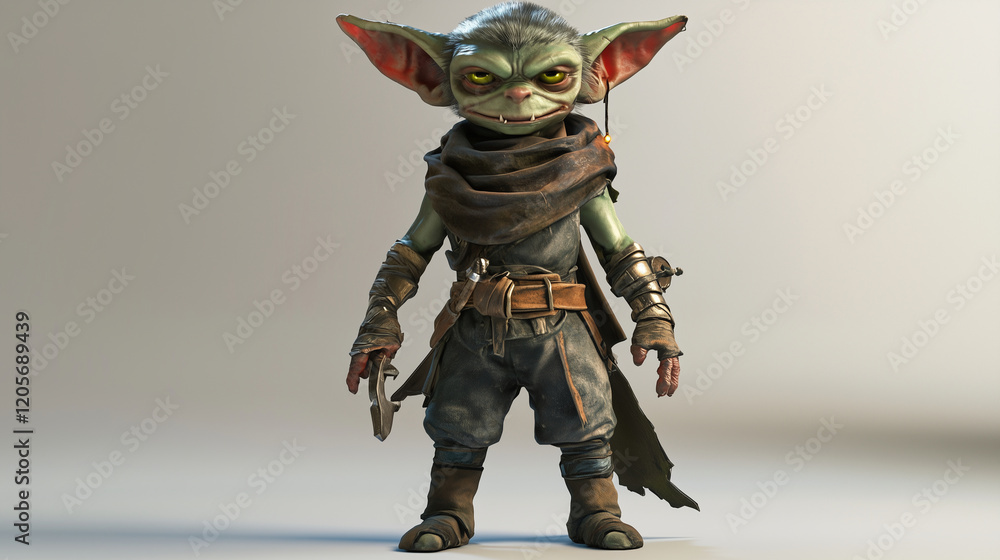 A silent goblin outfitted with boots that muffle sound, carrying a curved blade and a small, glowing amulet for enhanced night vision. Videogame 3D model, A-pose, simple background A silent goblin outfitted with boots that muffle sound, carrying a curved blade and a small, glowing amulet for enhanced night vision. Videogame 3D model, A-pose, simple background