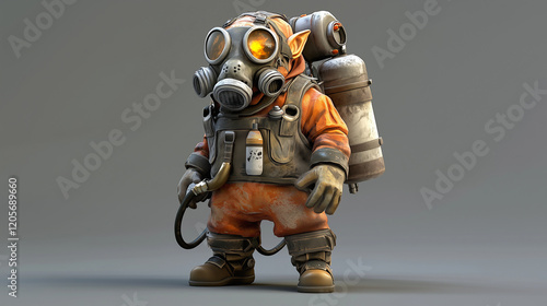 A pyromaniac goblin wearing a gas mask, with a tank of volatile chemicals strapped to their back and a hose sprayer in hand. Videogame 3D model, A-pose, simple background