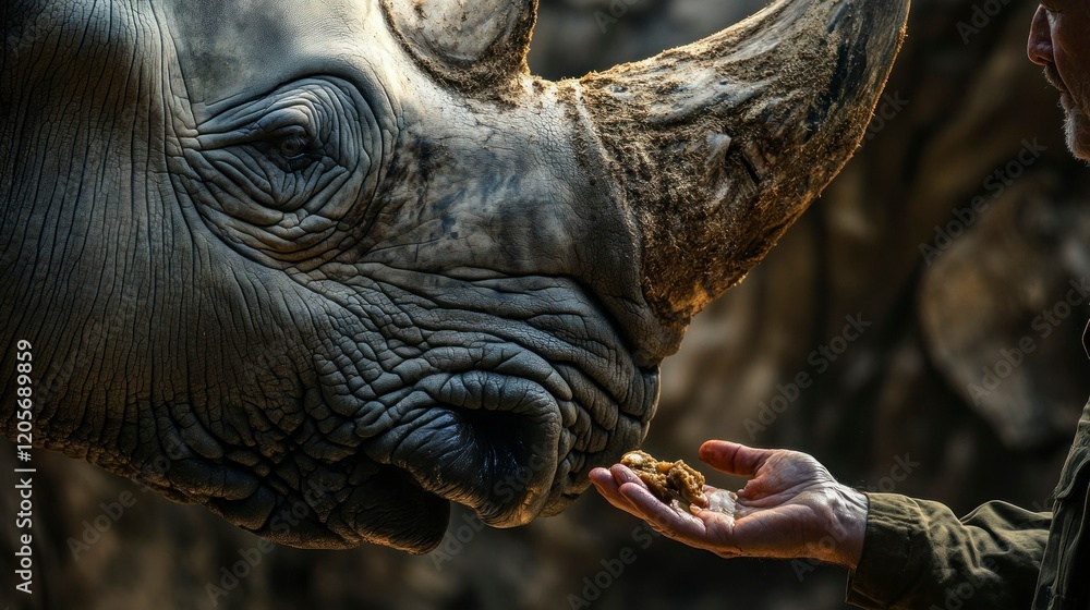 Zoo keeper feeding rhinoceros at wildlife sanctuary close-up photography natural habitat animal care concept Zoo keeper feeding rhinoceros at wildlife sanctuary close-up photography natural habitat animal care concept