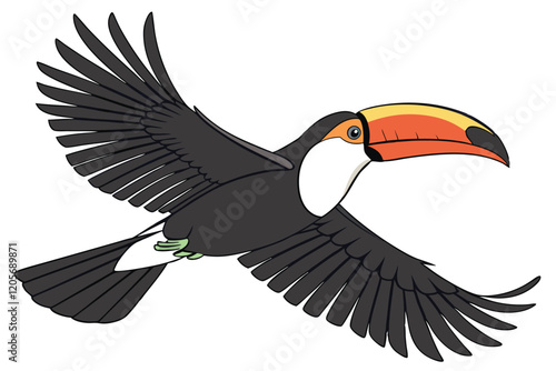  Colorful toucan in flight, vibrant orange beak, black feathers, white chest, spread wings, detailed plumage, realistic rendering, wildlife illustration, isolated on white background, high contrast,