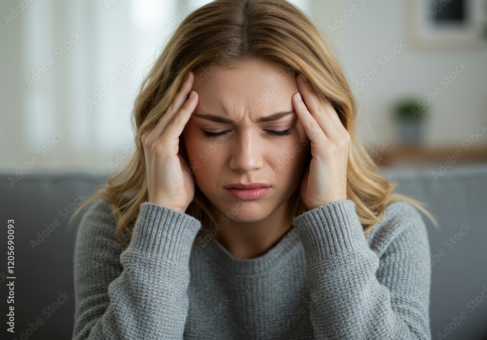 The image shows a woman suffering from a headache, appearing in discomfort.
The image shows a woman suffering from a headache, appearing in discomfort.