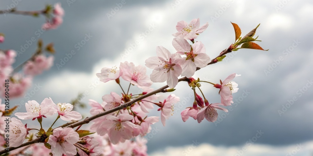 Obraz premium A close-up shot of sour cherry blossoms in full bloom against a backdrop of light grey and white clouds, flower details, sour cherry blossoms, spring flowers, nature photography, close-up photography