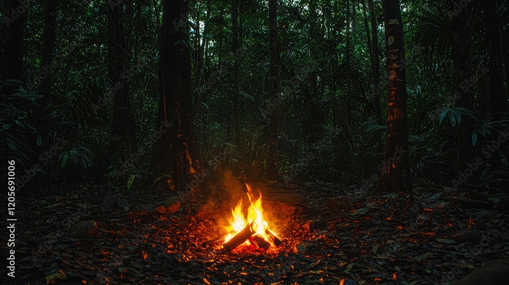 Campfire in dark rainforest at night. Campfire in dark rainforest at night.