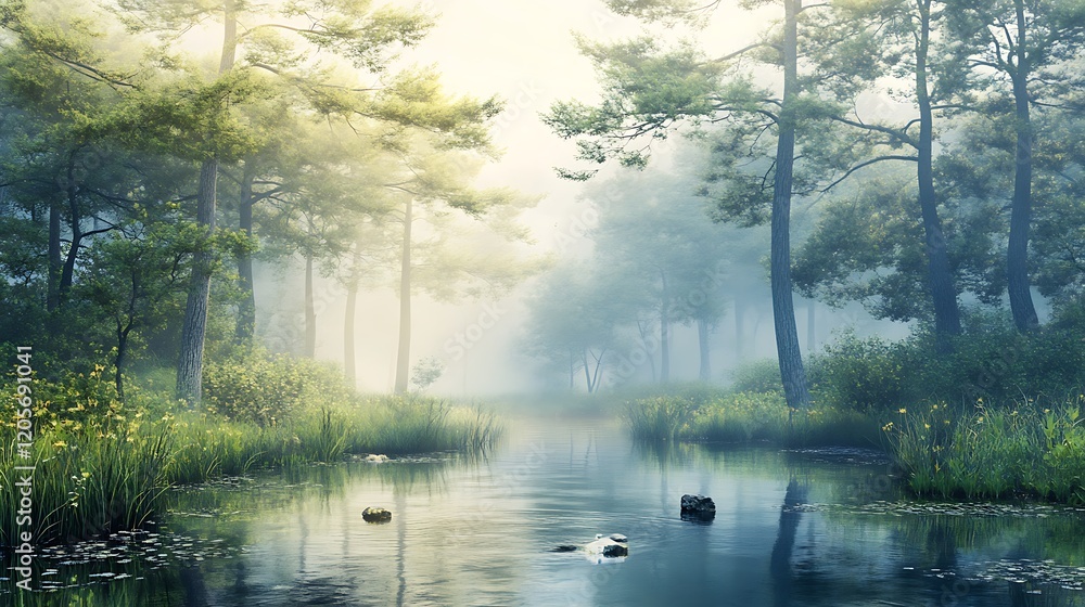 Fototapeta premium A Tranquil Stream Through a Misty Pine Forest