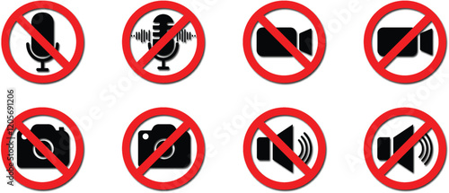 Free Download Set of red prohibition signs with black icons indicating no audio, no microphone, no camera, no video. - GFXLoad