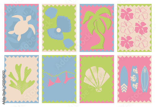 Abstract trendy summer posters. Minimalistic and bright banners for interior design, printing on clothes, creating covers, postcards and posters