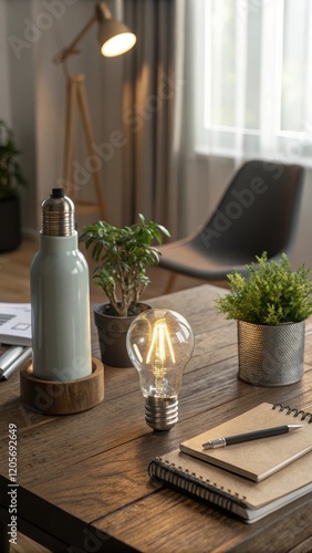 Wallpaper Mural Wooden Table Displaying Edison Bulb, Water Bottle, and Architectural Drawings Torontodigital.ca