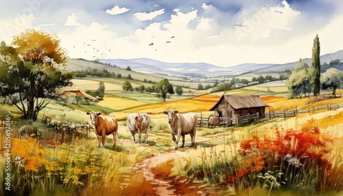 Fototapeta Naklejka Na Ścianę i Meble -  Watercolor painting of farm animals