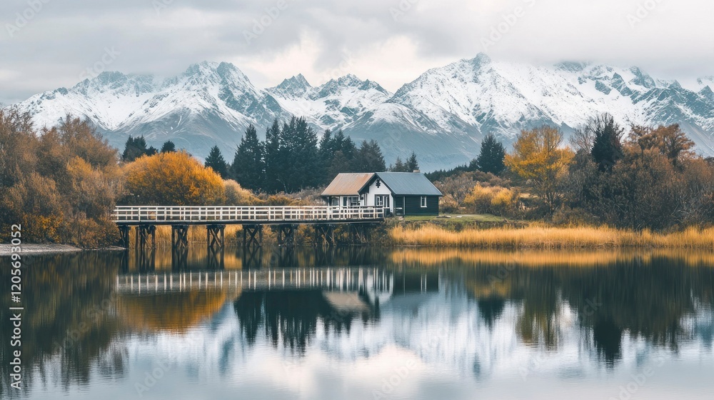 Fototapeta premium Tranquil lakeside cottage retreat serene mountain landscape nature photography idyllic waterscape panoramic view peaceful escape