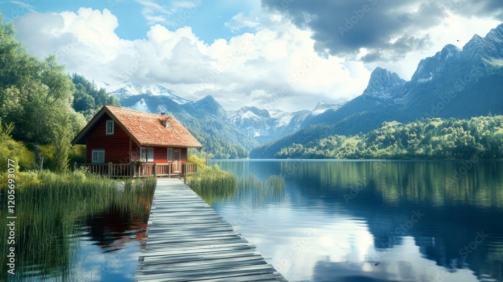 Fototapeta premium Tranquil lakeside cottage retreat serene mountain landscape scenic photography peaceful environment panoramic view nature escape