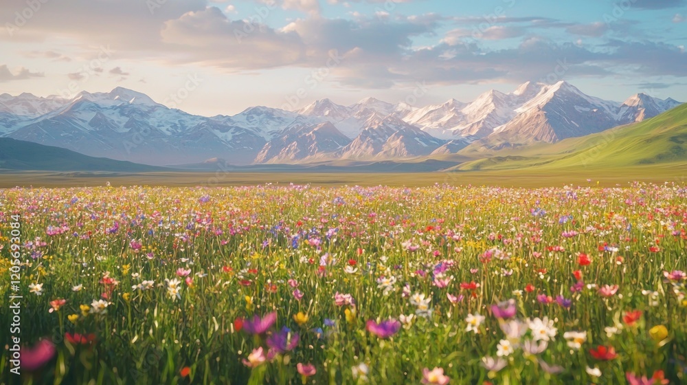 Vibrant wildflowers bloom in a vast field, majestic snow-capped mountains in the background under a sunny sky. Vibrant wildflowers bloom in a vast field, majestic snow-capped mountains in the background under a sunny sky.
