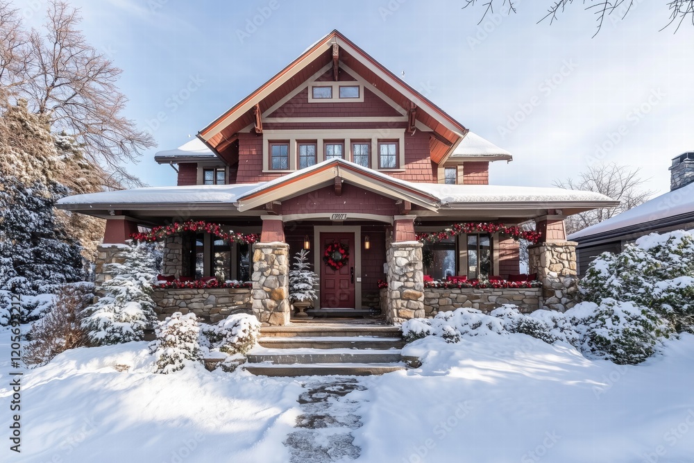 A charming two-story Craftsman house with a red exterior, surrounded by snow. The front porch is decorated with a festive wreath and red flowers. Snow blankets the ground. A charming two-story Craftsman house with a red exterior, surrounded by snow. The front porch is decorated with a festive wreath and red flowers. Snow blankets the ground.