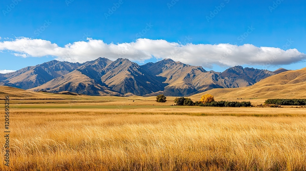 Serene mountain range and golden fields Serene mountain range and golden fields