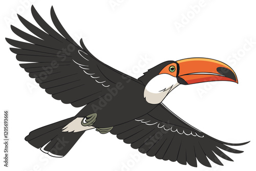  Colorful toucan in flight, vibrant orange beak, black feathers, white chest, spread wings, detailed plumage, realistic rendering, wildlife illustration, isolated on white background, high contrast,