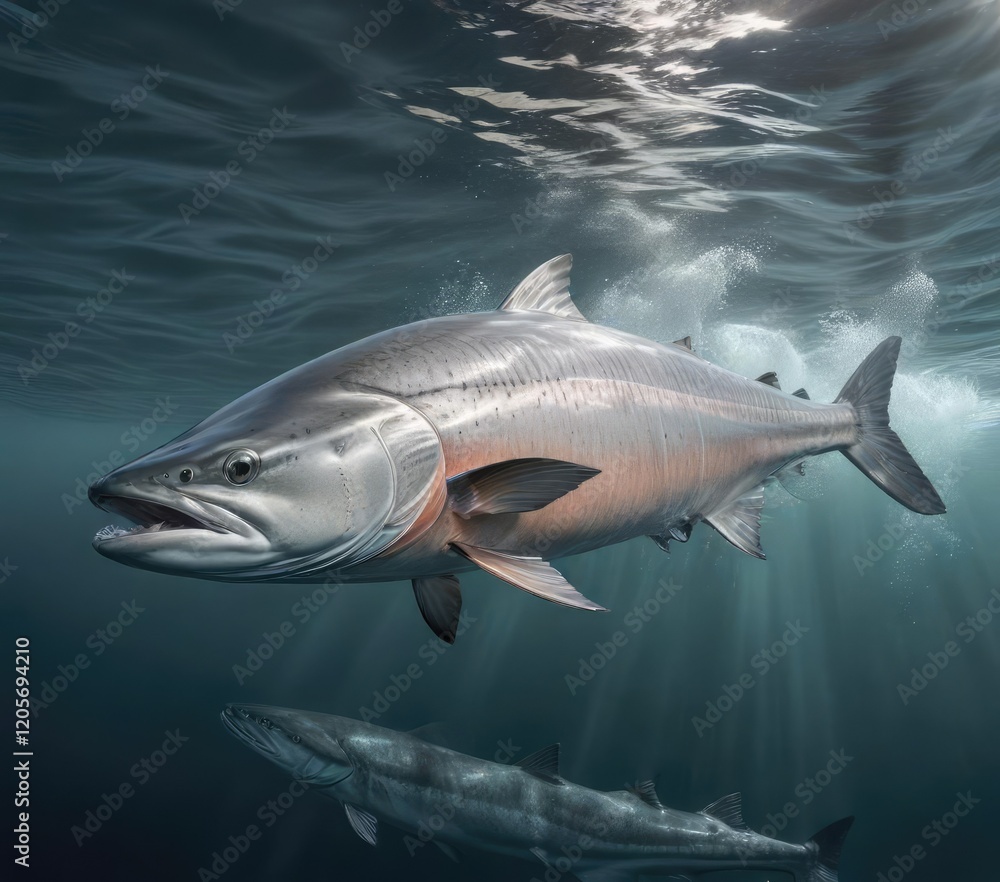 Fototapeta premium A majestic silver salmon glides through the ocean currents , ocean, finned, scales