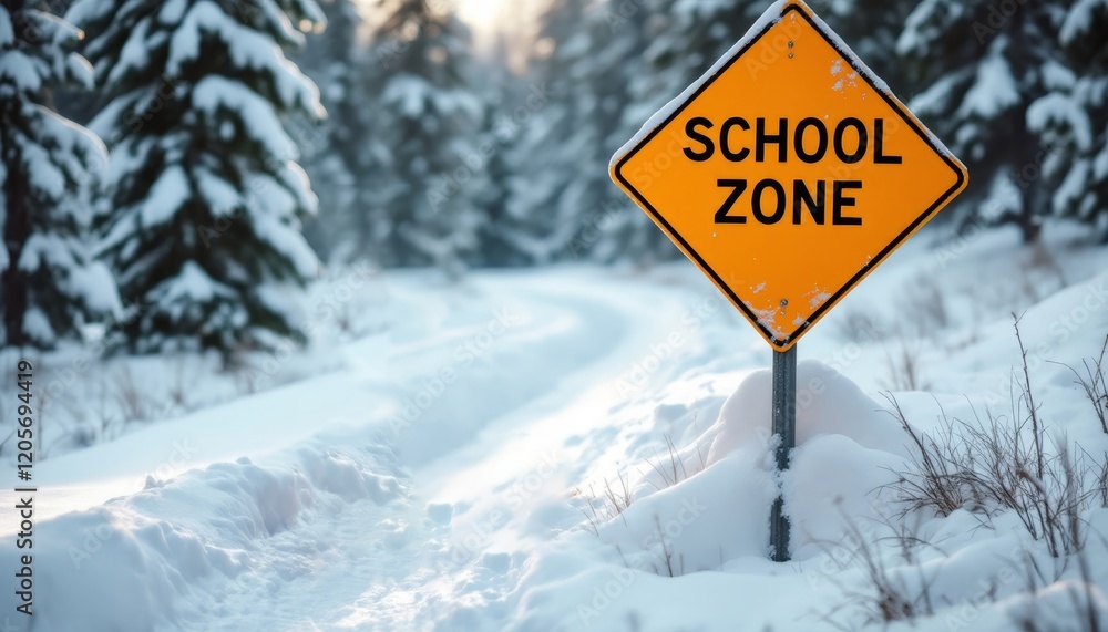School Zone Sign in a Snowy Landscape With a Pathway Through a Forest School Zone Sign in a Snowy Landscape With a Pathway Through a Forest